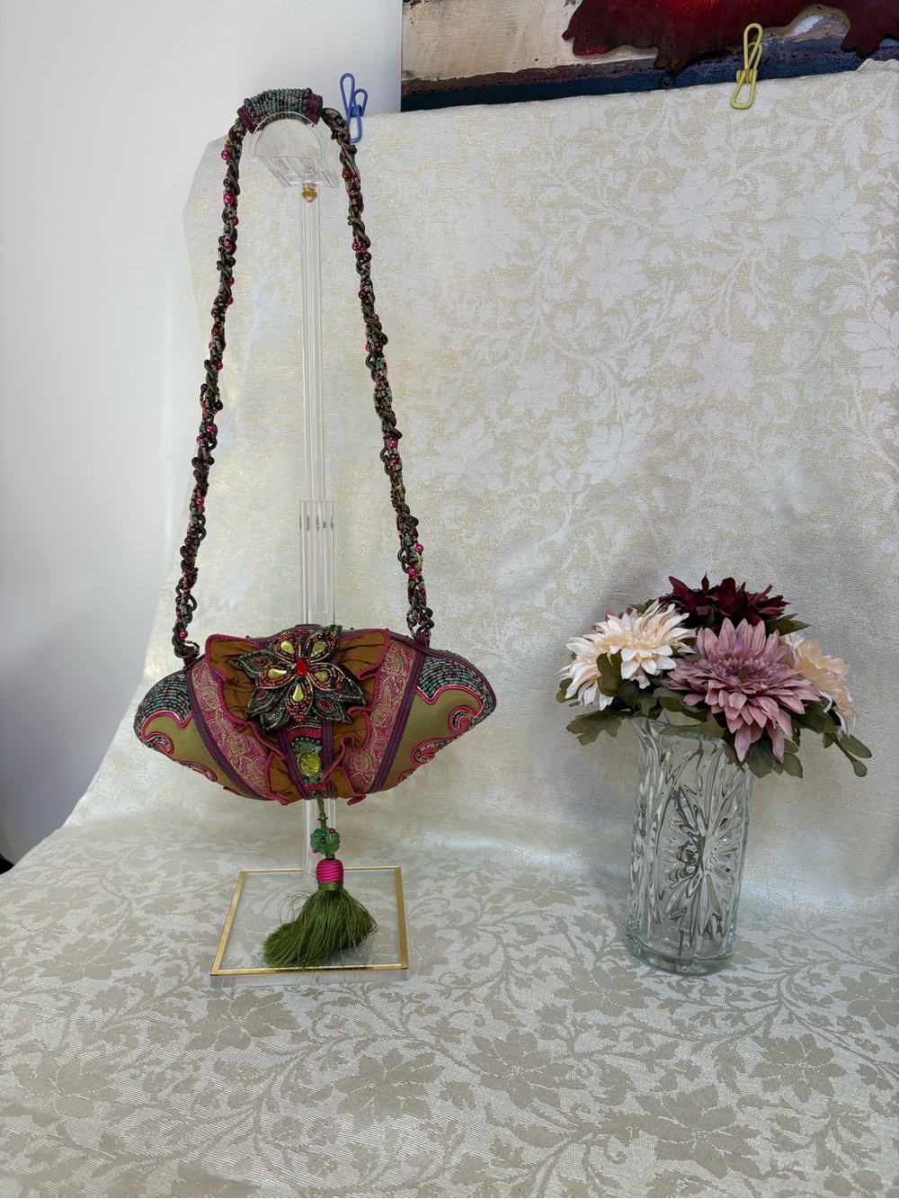 Mary Frances Vintage Pink & Green Fan  Handbag with Tassel and Bead Strap